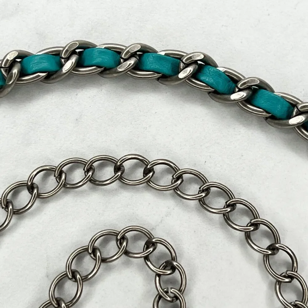 Silver Tone Faux Leather Woven Chain Link Belt Y2K One Size (OS) ✨